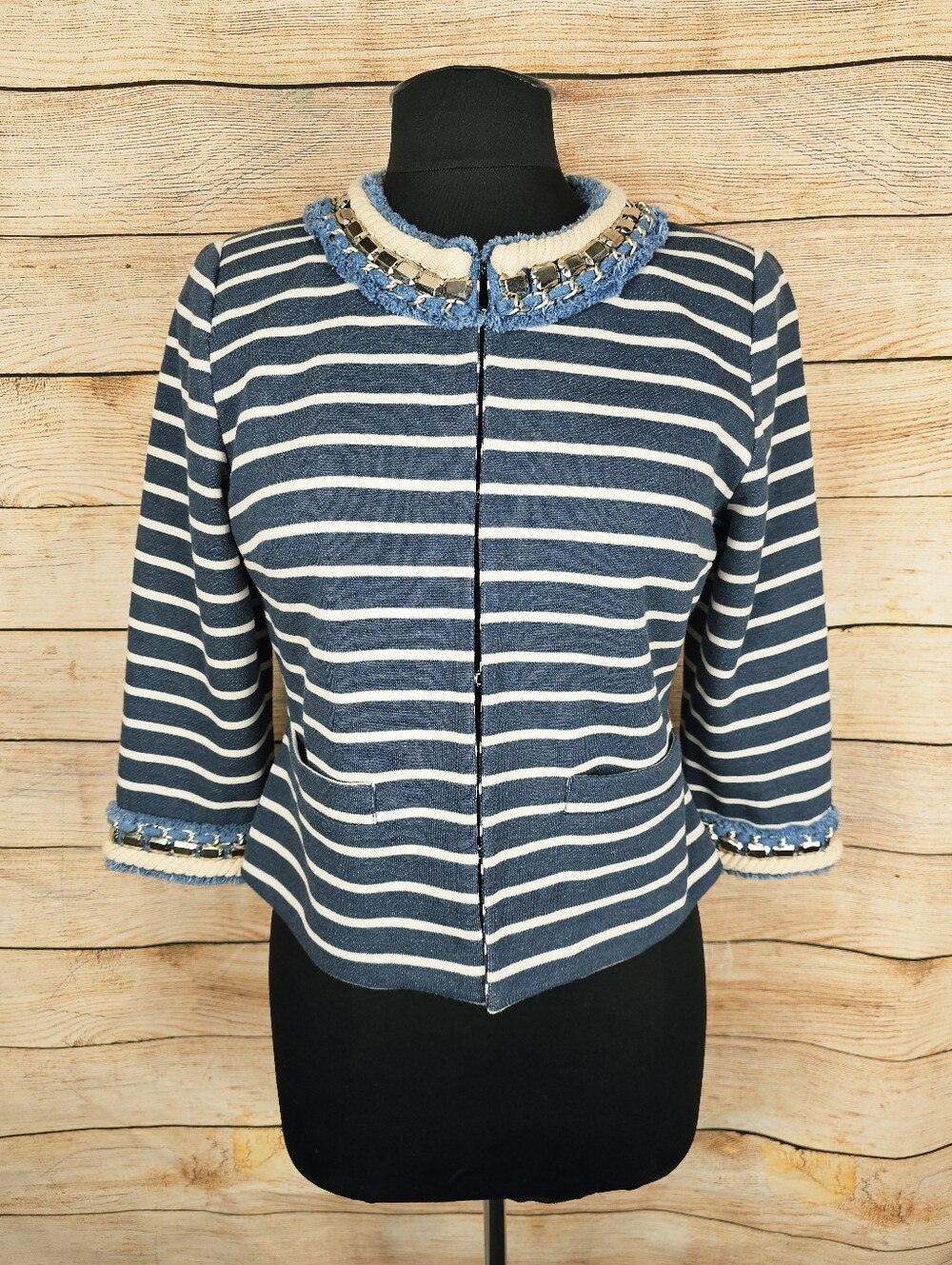 Boston Proper Blue Chain Denim Trim Striped Cropped Jacket Blazer Size 8